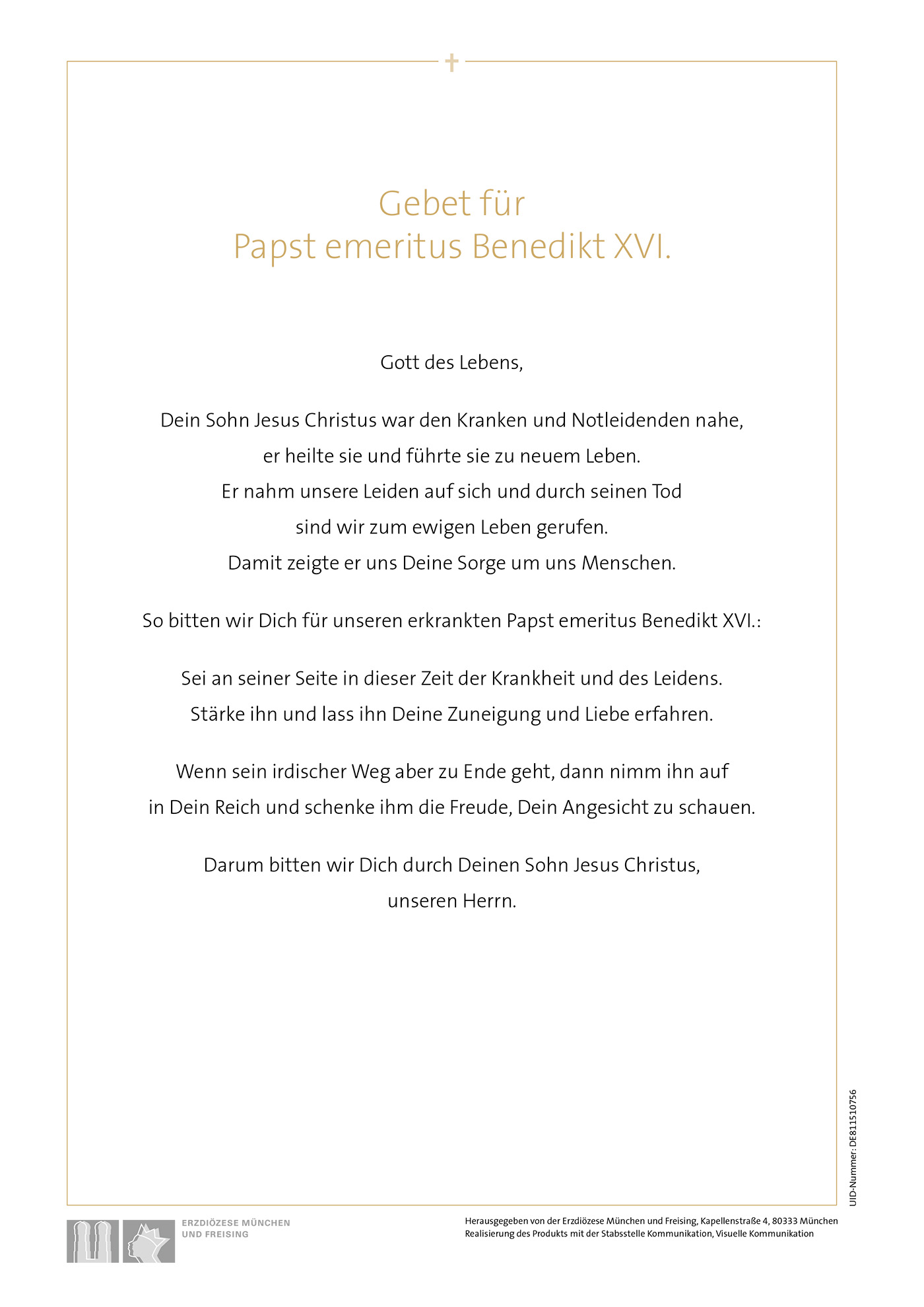 Gebet für Papst emeritus Benedikt XVI.